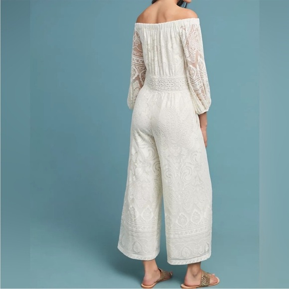 Anthropologie x Farm Rio Small Ivory Off Shoulder Lace Wide Leg Cropped Jumpsuit - Picture 2 of 13